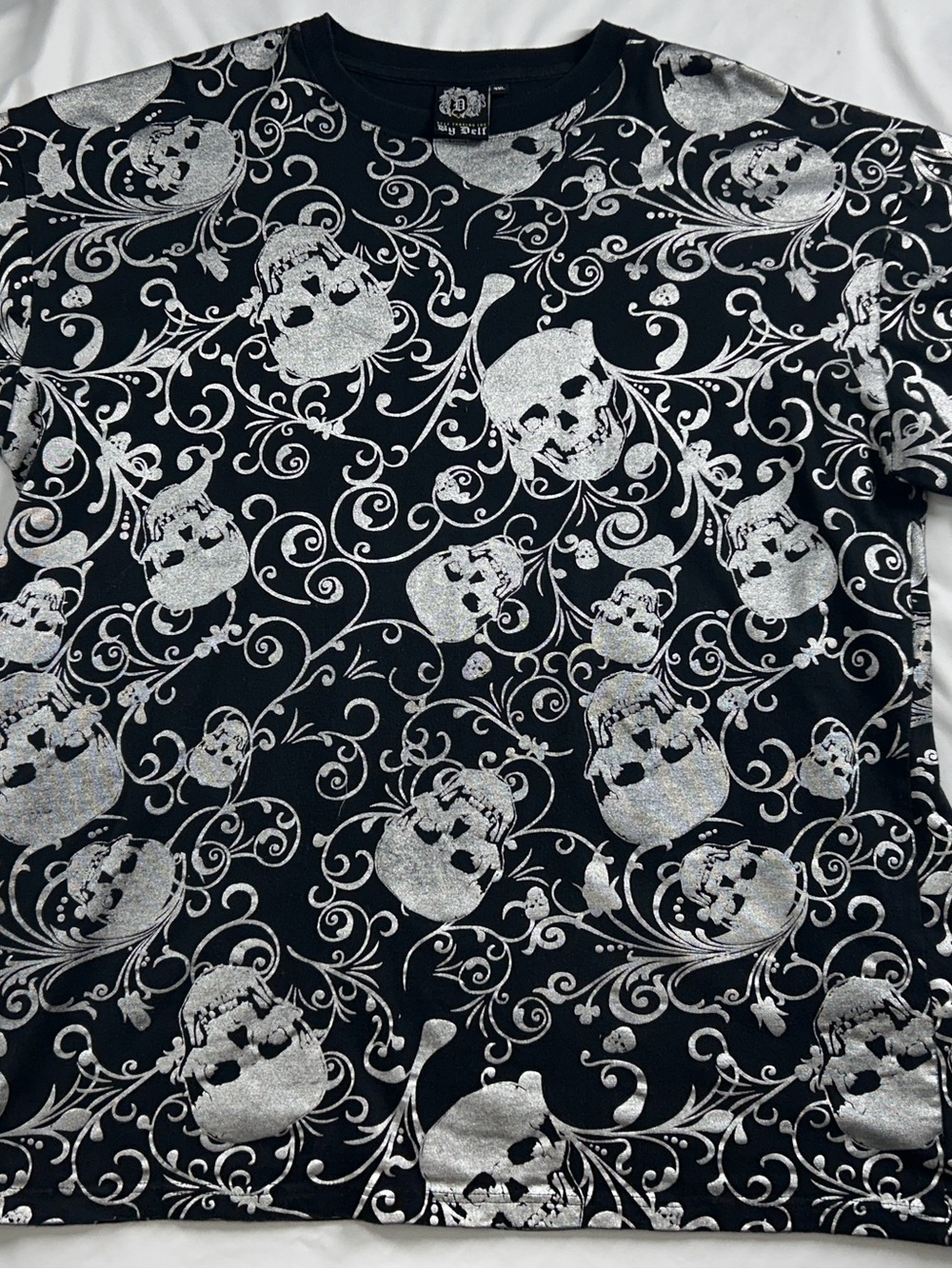 By Delf Skull Scroll All Over Print T-Shirt Men's 3XL Metallic Silver